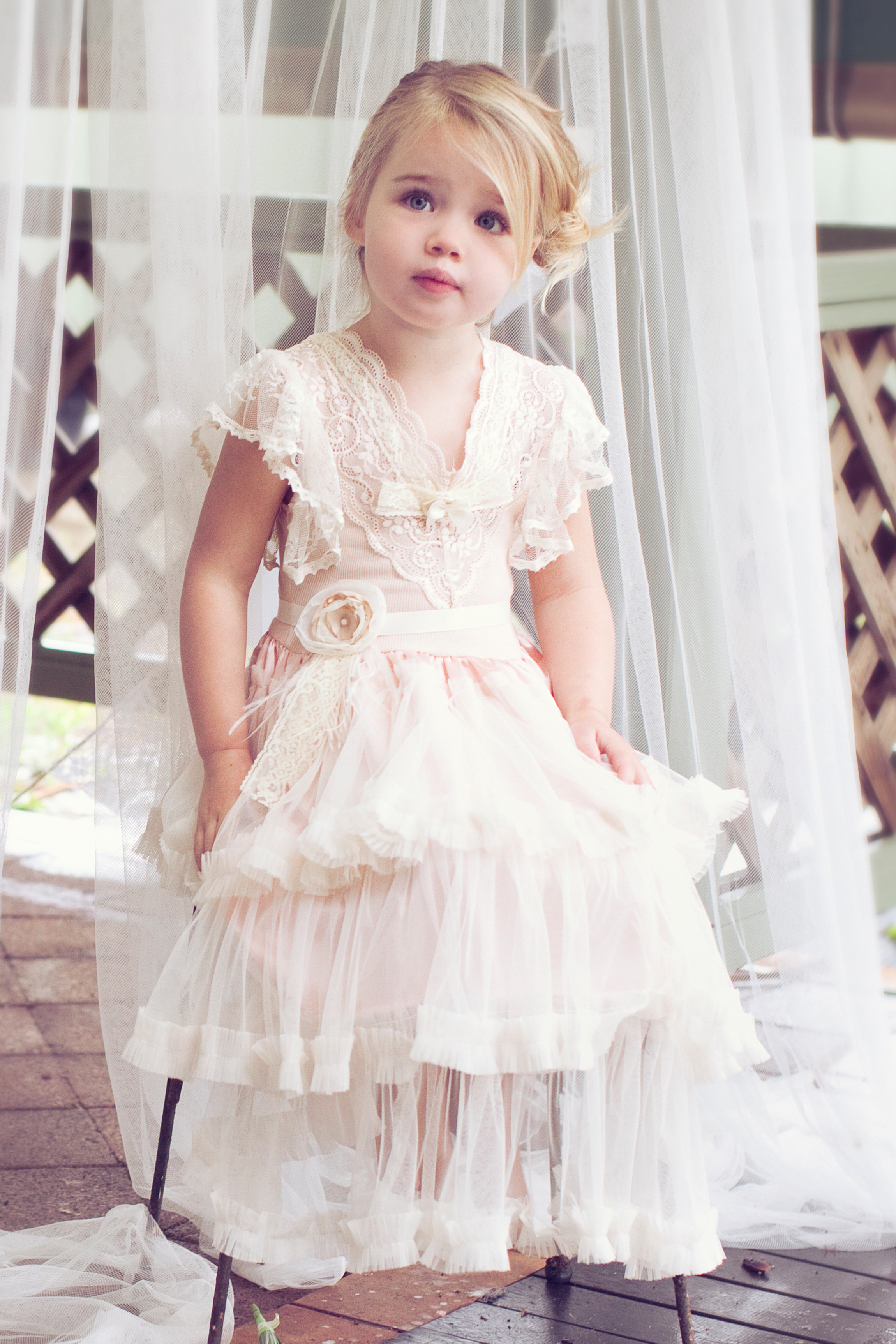 pink, dress, flower girl, wedding, dollcake, new, midi length, lace, ivory, front view