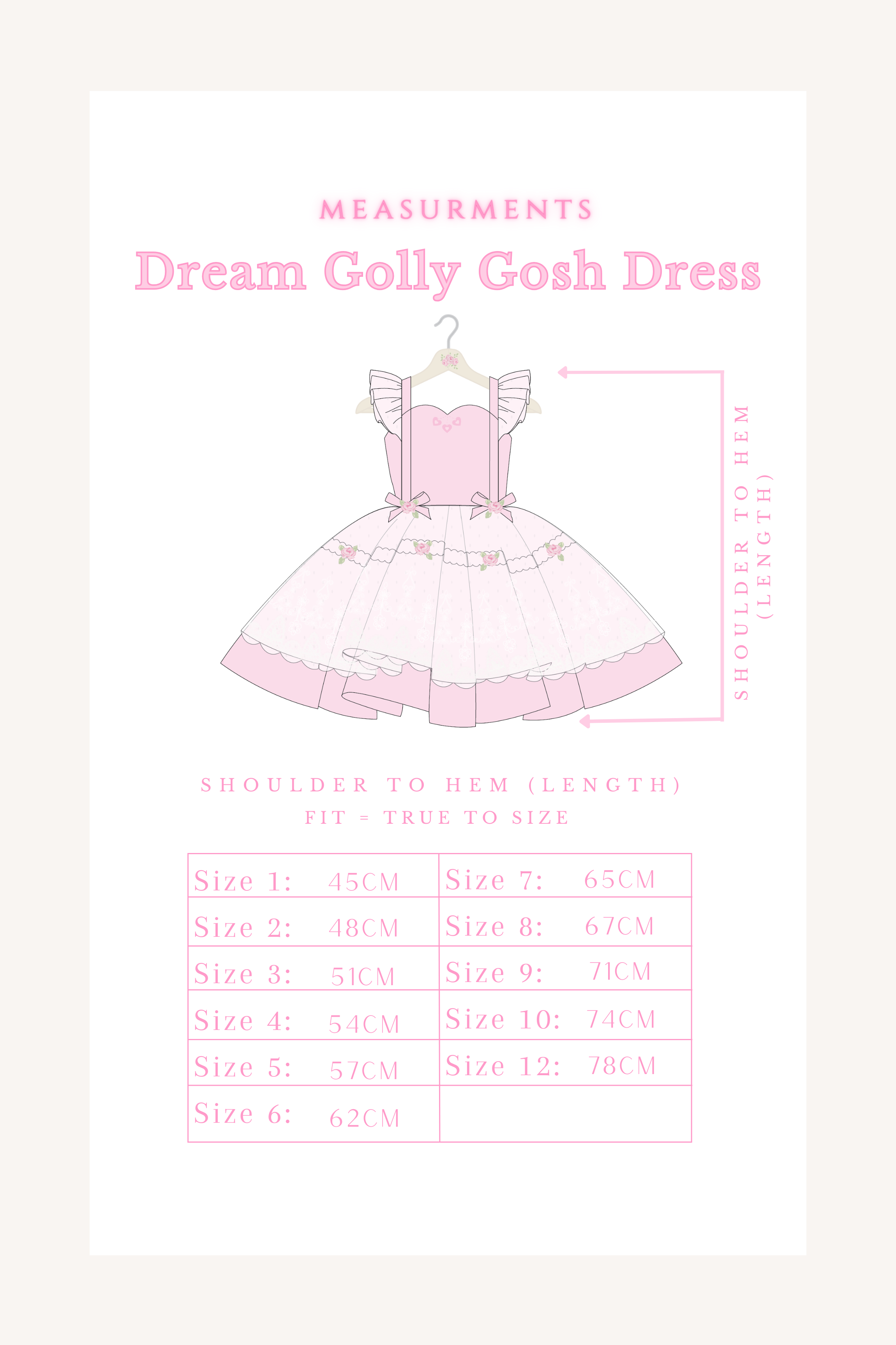 dollcake, size chart, golly gosh, pink, measurments